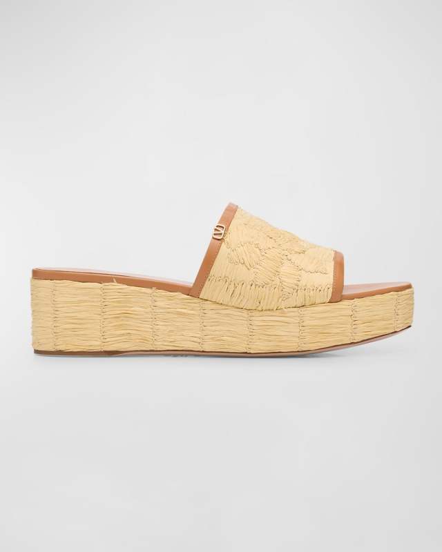 Raffia Leather Platform Slide Sandals